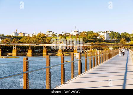 Blick von der T. Tyler Potterfield Memorial Bridge (Brown's Island Dam Walk) im James River Park der Manchester Bridge und Oregon Hill Viertel in Richmond, Virginia, USA Stockfoto