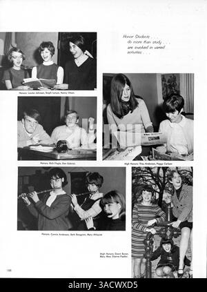 Das Jahrbuch „Antler“ der Minnehaha Academy 1968 beschreibt die Aktivitäten der Schule, darunter Leichtathletik, Schülerleistungen, Vereine und die Beteiligung der Lehrkräfte im Jahr 1967-1968. Stockfoto