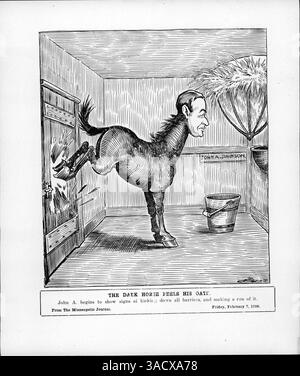 Dieser politische Zeichentrick aus dem Jahr 1912 zeigt John A. Johnson, Gouverneur von Minnesota, als Esel und symbolisiert seine mögliche Kandidatur. Er kommentiert seine Ablehnung einer öffentlichen Erklärung zu nationalen Angelegenheiten, während er Spekulationen über seine künftige politische Führung unterstellt. Stockfoto