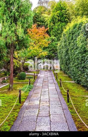 Farbenfroher Pfad, Tofuku-JI, Funda-in, Sesshu-JI Zen-Tempel, Kyoto, Japan. Sesshu-JI ist ein kleiner Tempel im Tempelkomplex Tofuku. Gegründet 1321 Ka Stockfoto