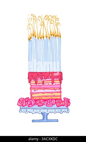 Bunte handgezeichnete Geburtstagskuchen mit vielen blauen Kerzen, rosa Glasur und Rosen. Ideal für Partyeinladungen, Kindermotive, Grußkarten Stockfoto