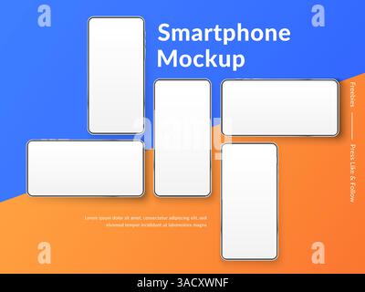 Realistische Vektormodelle für Smartphones. 3D-Mobiltelefone mit leerem weißen Bildschirm. Moderne Handyvorlage auf farbigem Hintergrund. Abbildung Stock Vektor