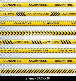 Quarantäne für Gefahrband. Warnband-Zaun. Schwarze und gelbe diagonale Vektorstreifen. Epidemisches Covid-19-Orangenband mit Quarantäneaufschrift Stock Vektor