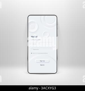 Neumorphe Benutzeroberfläche auf Smartphone-Bildschirm. Anmelde- und Registrierungsformular auf weißer Smartphone-Vorlage. Eingabefeld für die Registrierung und Anmeldung am Telefon Stock Vektor