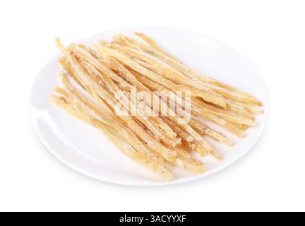 Getrockneter, geriebener Fisch, isoliert auf weiß Stockfoto