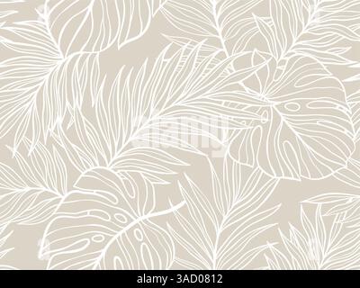 Nahtloses tropisches Blattmuster mit Monstera- und Palmenblättern in Beige und weiß. Vektorabbildung Stock Vektor