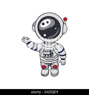 Astronaut steht im Raumanzug mit erhobener Hand. Handgezeichnete Vektorgrafik. Für Cosmonautics Day Cards, Einladungen, Tapeten, Poster, Cover Stock Vektor