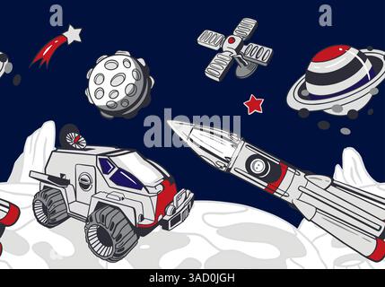 Rakete, Planet Saturn, Mond, Sterne, Raumtransport, nahtloser Rand. Handgezeichnete Vektorgrafik. Kosmonautik-Tageskarten, Einladungen, groß Stock Vektor
