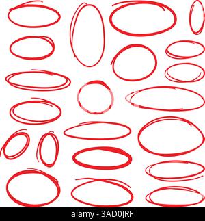 Set von handgezeichneten Doodle Grunge roten Kreis Highlights. Runde Ellipsen mit Raspelrahmen. Sammlung verschiedener Pinsel gezeichneter Markierelemente. Stock Vektor