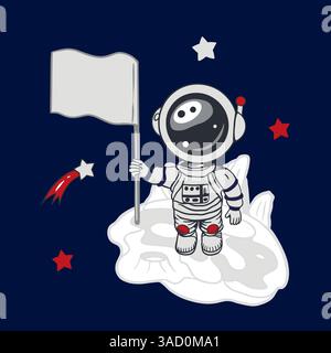 Astronaut steht auf dem Mond mit einer Flagge in der Hand. Handgezeichnete Vektorgrafik. Für Tageskarten der Kosmonautik, Einladungen, große Banner, Poster Stock Vektor