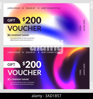 Geschenkgutschein-Kartenset mit leuchtendem Neonhintergrund. Abstraktes Banner für saisonale Feiertage. Vektor-Designvorlage für Zertifikat oder Rabatt c Stock Vektor