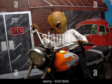 Juli 2007 - Roswell, New Mexico, USA - Ein fantasievolles Alien-Diorama, Das am Donnerstag, den 5. Juli 2007 in Roswell, New Mexico, in einem Souvenirladen ausgestellt wird. .2007 jährt sich zum 60. Jahrestag des Roswell-Vorfalls, der angeblichen Entdeckung einer abgestürzten fliegenden Untertasse 30 Meilen nördlich der Innenstadt von Roswell durch den Rancher W. „Mac“ Brazel und der mutmaßlichen „Vertuschung“ durch das US-Militär, die die Überreste an der Absturzstelle offiziell als „einen streng geheimen Wetterballon“ bezeichnete. Das Roswell-Festival mit einer Reihe von Elementen, die Touristen und Gläubige gleichermaßen ansprechen, bietet eine Alien-Kostümkooperation Stockfoto