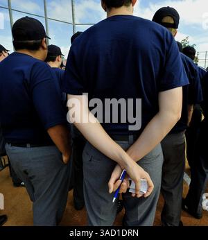 22. Januar 2008 – Kissimmee, Florida, USA – Ein Schüler hält Stift und Papier bereit, während die Regeln des Baseballs in der Jim Evans Academy of Professional Umpiring im Osceola County Stadium and Sports Complex in Kissimmee, Florida am Dienstag, den 22. Januar 2008, in der Heimat diskutiert werden. Während eines 5-wöchigen Berufskurses mit Unterrichtseinheiten und Übungen vor Ort durch ein Team unter der Leitung des ehemaligen American League Crew Chief Jim Evans werden die Schüler die Grundlagen und die Feinheiten des Schiedsrichters vermittelt, wobei der Schwerpunkt auf der richtigen Mechanik, der Signalgebung, der Kommunikation und der Anwendung des RUL liegt Stockfoto
