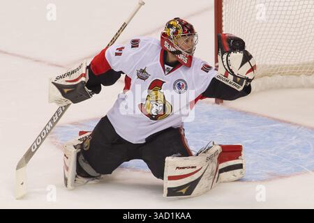 12. November 2011: Toronto, Ontario, Kanada – der Torwart Craig Anderson (41) der Ottawa Senators rettet im Air Canada Centre gegen die Toronto Maple Leafs. Die Ottawa Senators führen die Toronto Maple Leafs 2–1 nach zwei Perioden an. (Bild: © Keith Hamilton/Southcreek/ZUMAPRESS.com) Stockfoto