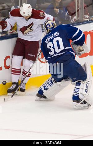 15. November 2011: Toronto, Ontario, Kanada: Phoenix Coyotes Stürmer Boyd Gordon (15) und Toronto Maple Leafs Torie Ben Scrivens (30) treffen sich hinter dem Netz in der 2. Periode. Die Phoenix Coyotes führen die Toronto Maple Leafs 2–0 nach zwei Perioden im Air Canada Centre an. (Bild: © Keith Hamilton/Southcreek/ZUMAPRESS.com) Stockfoto