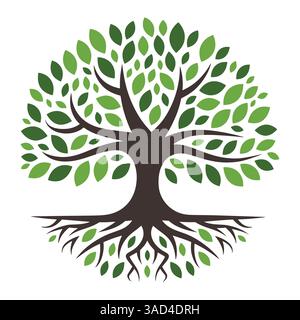 Grüne Baum-Vektor-Illustration mit üppigen Blättern und sichtbaren Wurzeln. Perfekt für Natur-, Umwelt- und Umweltkonzepte. Stock Vektor