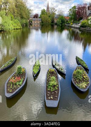 Brügge, Belgien. Kanus werden als Pflanzgefäße auf einem Kanal in Brügge verwendet. Stockfoto