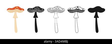 Pilz Giftfliege Agarisch Hand gezeichnet Symbolsatz. Illustration für Medizin, biologische Ergänzungen, experimentelle Medizin zur Verbesserung der Gesundheit. Wilde Fantasy Doodle Amanita Pilz Vektor Kunst Design Stock Vektor