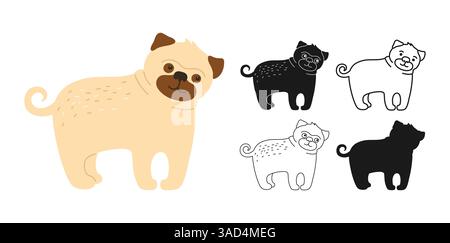 Mops Hund Zeichentrickfilm Illustration Set. Vektor-Illustration eines Mops Hund Farbe, Silhouette Umriss schwarz und weiß und minimale Strichgrafik. Einfaches Design für Kinder, Haustierprojekte, Branding für Bildungszwecke Stock Vektor