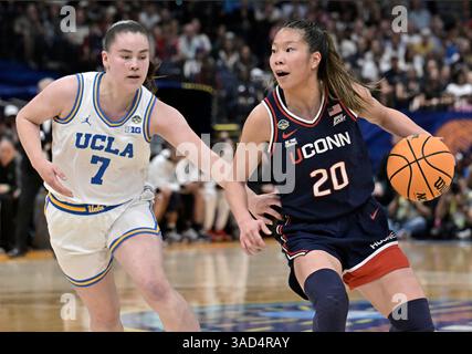 Tampa, Usa. April 2025. Kaitlyn Chen (20) wird in der ersten Halbzeit von Elina Aarnisalo (7) in der Finalrunde des NCAA Women's Basketball Turniers in der Amalie Arena in Tampa, Florida, bewacht 2025. Foto: Steve Nesius/UPI Credit: UPI/Alamy Live News Stockfoto