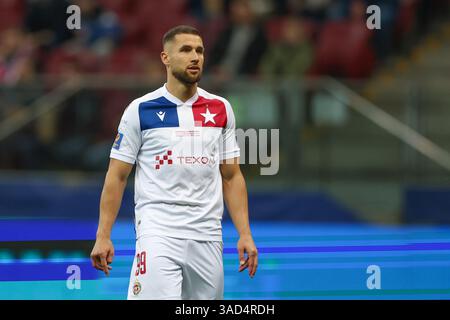 Warschau, Polen. April 2025. Lukasz Zwolinski aus Wisla Krakau wurde während des POLNISCHEN SUPERPOKALSPIELS 2024/2025 zwischen Jagiellonia Bialystok und Wisla Krakau im PGE Narodowy Stadion gesehen. Endpunktzahl: Jagiellonia Bialystok 1:0 Wisla Krakau. Quelle: SOPA Images Limited/Alamy Live News Stockfoto