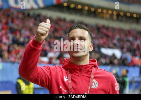 Warschau, Polen. April 2025. Angel Rodado aus Wisla Krakau, der während des POLNISCHEN SUPERPOKALS 2024/2025 zwischen Jagiellonia Bialystok und Wisla Krakau im PGE Narodowy Stadion zu sehen war. Endpunktzahl: Jagiellonia Bialystok 1:0 Wisla Krakau. Quelle: SOPA Images Limited/Alamy Live News Stockfoto