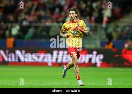 Warschau, Polen. April 2025. Darko Churlinov von Jagiellonia Bilalystok wurde während des POLNISCHEN SUPERPOKALSPIELS 2024/2025 zwischen Jagiellonia Bialystok und Wisla Krakau im PGE Narodowy Stadion gesehen. Endpunktzahl: Jagiellonia Bialystok 1:0 Wisla Krakau. Quelle: SOPA Images Limited/Alamy Live News Stockfoto
