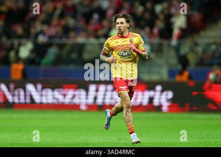 Warschau, Polen. April 2025. Darko Churlinov von Jagiellonia Bilalystok wurde während des POLNISCHEN SUPERPOKALSPIELS 2024/2025 zwischen Jagiellonia Bialystok und Wisla Krakau im PGE Narodowy Stadion gesehen. Endpunktzahl: Jagiellonia Bialystok 1:0 Wisla Krakau. (Foto: Grzegorz Wajda/SOPA Images/SIPA USA) Credit: SIPA USA/Alamy Live News Stockfoto