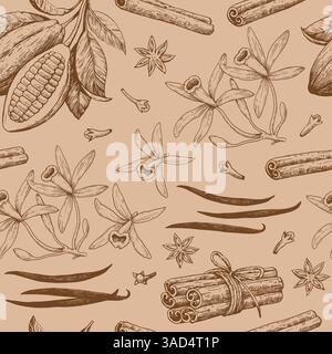Nahtloses Muster mit Kakaobohnen, Zimt und Vanille. Handgezeichnete monochrome Vektorillustration. Stock Vektor