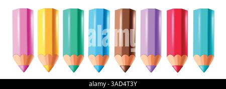Farbstift Bunte Elemente Clipart Set. 3D Farbe Bleistift Schulartikel Clip Art Sammlung für pädagogische Zeichnung und Schreiben Kunst Zubehör Vektor Stock Vektor