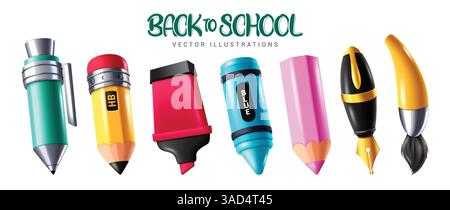 Zurück zur Schule Zeichnen 3D-Stiftelemente Clipart-Set. Zeichnungs- und Schreibwerkzeuge für den Schulstift, wie Bleistift, Marker, Textmarker, Buntstift, Farbe Stock Vektor