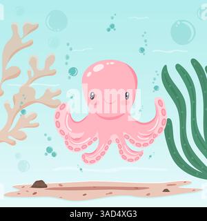 Niedlicher rosafarbener Tintenfisch, der unter Wasser lächelt, Vektor-Illustration Stock Vektor