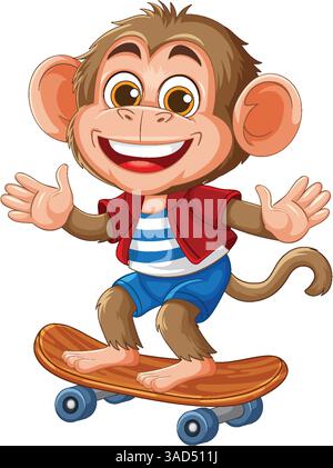 Ein verspielter Affe fährt auf einem Skateboard, trägt eine rote Jacke und blaue Shorts. Leuchtende Farben und der Cartoon-Stil sorgen für noch mehr Spaß Stock Vektor