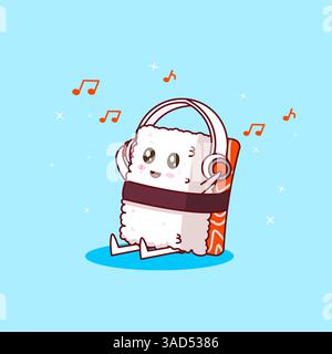 Süßes Lachs-Sushi Musik Charakter Maskottchen Cartoon Design Kawaii Stock Vektor