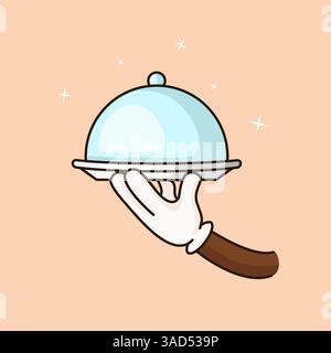 Hand Cartoon hält Essen mit Deckel, Servieren köstliches Essen, Vektor-Illustration Design Stock Vektor