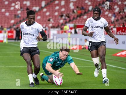 SINGAPUR, SINGAPUR. APRIL 2025 HSBC Singapore 7s Rugby. Kenia besiegte Irland im Mens Pool B-Spiel. Alamy Live Sport / Jayne Russell Stockfoto
