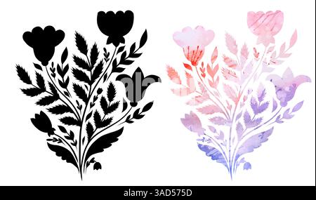 Vektorsatz slawischer Blumenclips. Sammlung von schwarzen und Aquarellen Illustrationsblumen im Volkskunststil isoliert vom Hintergrund. Silhouette Stock Vektor