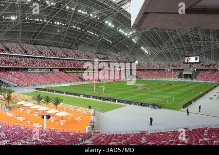 Singapur National Stadium, Singapur. April 2025. HSBC International Rugby Sevens Singapore Day 1; Ein allgemeiner Überblick über das Singapore National Stadium, Heimstadion der HSBC Singapore SNVS, bevor das Turnier beginnt Credit: Action Plus Sports/Alamy Live News Stockfoto