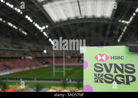 Singapur National Stadium, Singapur. April 2025. HSBC International Rugby Sevens Singapore Day 1; Ein allgemeiner Überblick über das Singapore National Stadium, Heimstadion der HSBC Singapore SNVS, bevor das Turnier beginnt Credit: Action Plus Sports/Alamy Live News Stockfoto