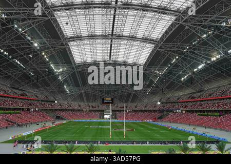 Singapur National Stadium, Singapur. April 2025. HSBC International Rugby Sevens Singapore Day 1; Ein allgemeiner Überblick über das Singapore National Stadium, Heimstadion der HSBC Singapore SNVS, bevor das Turnier beginnt Credit: Action Plus Sports/Alamy Live News Stockfoto