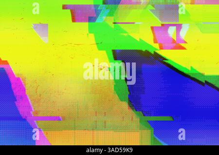 Lebendiges abstraktes Glitch-Muster in Neongelb, Blau und Lila für die Ästhetik der 90er Jahre Stockfoto