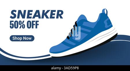Kreatives Banner für Sneaker-Marke. Turnschuhe mit abstraktem Hintergrund. Verkaufsbanner für Schuhe für Social-Media-Beiträge. Schuh-on-Sale-Schieberegler für E-Commerce Stock Vektor