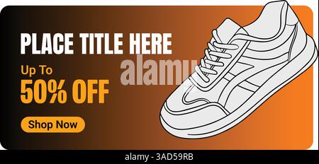 Kreatives Banner für Sneaker-Marke. Turnschuhe mit abstraktem Hintergrund. Verkaufsbanner für Schuhe für Social-Media-Beiträge. Schuh-on-Sale-Schieberegler für E-Commerce Stock Vektor