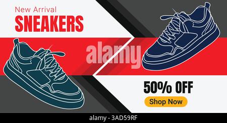 Kreatives Banner für Sneaker-Marke. Turnschuhe mit abstraktem Hintergrund. Verkaufsbanner für Schuhe für Social-Media-Beiträge. Schuh-on-Sale-Schieberegler für E-Commerce Stock Vektor