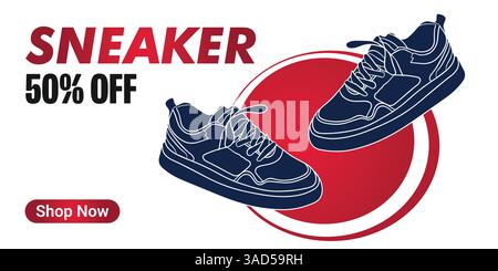 Kreatives Banner für Sneaker-Marke. Turnschuhe mit abstraktem Hintergrund. Verkaufsbanner für Schuhe für Social-Media-Beiträge. Schuh-on-Sale-Schieberegler für E-Commerce Stock Vektor