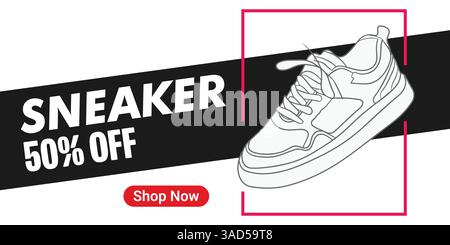 Kreatives Banner für Sneaker-Marke. Turnschuhe mit abstraktem Hintergrund. Verkaufsbanner für Schuhe für Social-Media-Beiträge. Schuh-on-Sale-Schieberegler für E-Commerce Stock Vektor