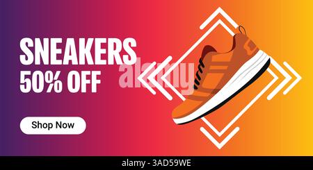 Kreatives Banner für Sneaker-Marke. Turnschuhe mit abstraktem Hintergrund. Verkaufsbanner für Schuhe für Social-Media-Beiträge. Schuh-on-Sale-Schieberegler für E-Commerce Stock Vektor