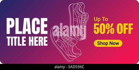 Kreatives Banner für Sneaker-Marke. Turnschuhe mit abstraktem Hintergrund. Verkaufsbanner für Schuhe für Social-Media-Beiträge. Schuh-on-Sale-Schieberegler für E-Commerce Stock Vektor