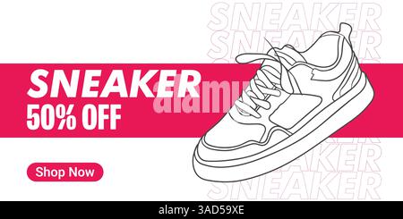 Kreatives Banner für Sneaker-Marke. Turnschuhe mit abstraktem Hintergrund. Verkaufsbanner für Schuhe für Social-Media-Beiträge. Schuh-on-Sale-Schieberegler für E-Commerce Stock Vektor