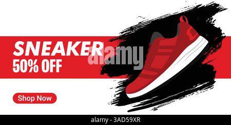 Kreatives Banner für Sneaker-Marke. Turnschuhe mit abstraktem Hintergrund. Verkaufsbanner für Schuhe für Social-Media-Beiträge. Schuh-on-Sale-Schieberegler für E-Commerce Stock Vektor